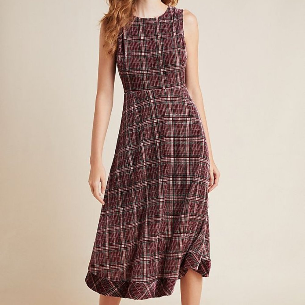 Anthropologie Burgundy Plaid Midi Dress